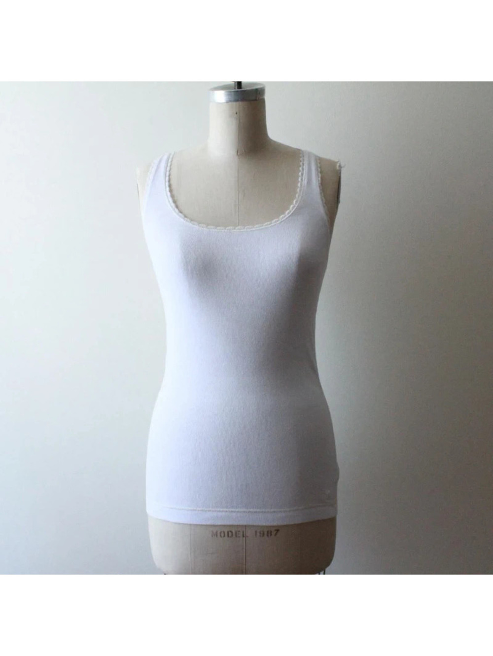 American Eagle White Ribbed Tank Top with Lace Trim, Scoop Neck Racerback, Size
